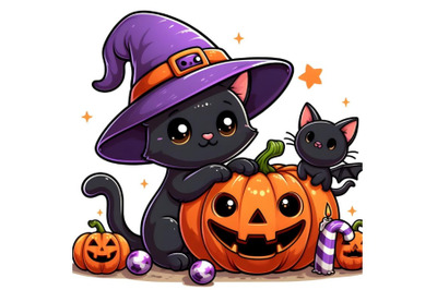 Cute black cat with Halloween pumpkin