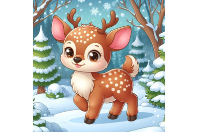 Cute baby deer in winter forest