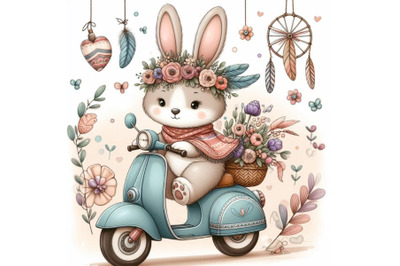 Cartoon teddy bunny riding scooter