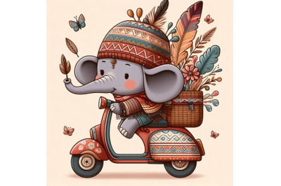 Cartoon teddy elephant riding scooter