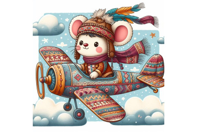 Cartoon teddy mouse flying with plane