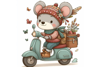 Cartoon teddy mouse riding scooter