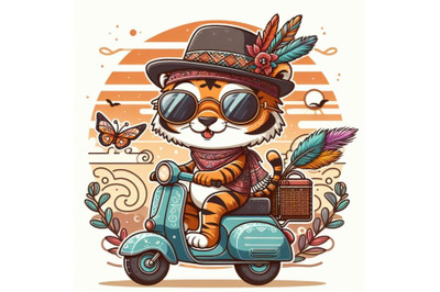 Cartoon tiger with sunglasses riding scooter