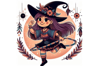 cartoon witch playing with a hula hoop