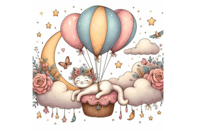 cat flying on the balloons