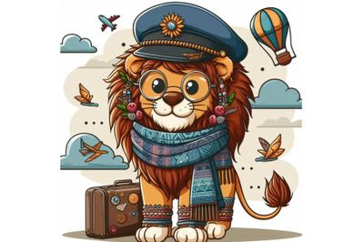 Cartoon lion in a pilot hat