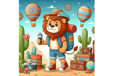 cartoon lion tourist backpacking