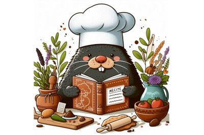 Cartoon mole chef with recipe