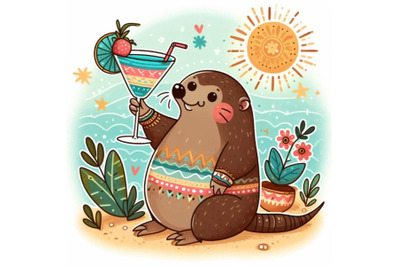 Cartoon mole drinking cocktail