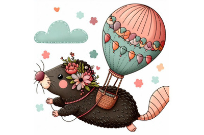 Cartoon mole flying with air balloon