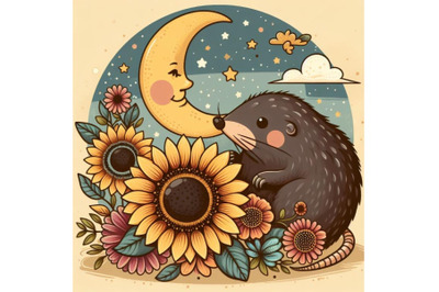 Cartoon mole over sunflower