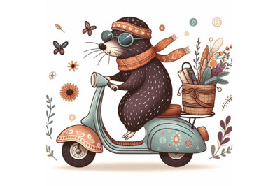 Cartoon mole with sunglasses riding scooter