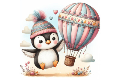 Cartoon penguin flying with air balloon