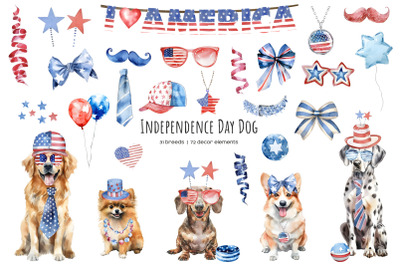 Watercolor Independence Day dog clipart. 4th of July dogs clip art