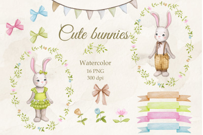 Cute bunnies. Boy and girl. Watercolor PNG