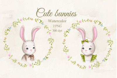 Cute bunnies. Girl and boy. Watercolor PNG