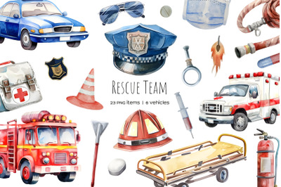 Watercolor rescue service clipart. Watercolor rescue vehicles set.
