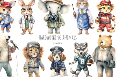 Watercolor professional animals clipart. Animal occupations
