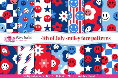 4th Of July Retro Smiley Faces Seamless Pattern