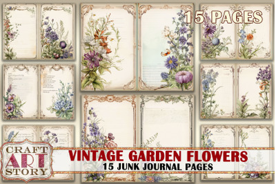 Vintage garden flowers Junk Journal Pages&2C;retro Scrapbook