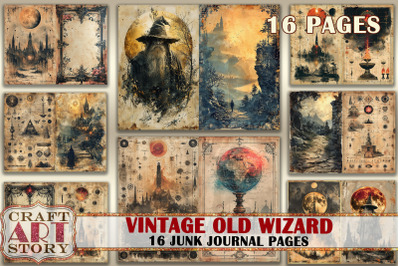 Vintage old wizard grunge Junk Journal Pages,retro Scrapbook