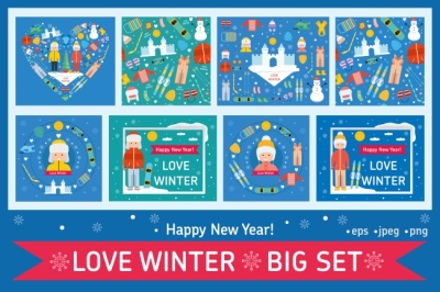 Winter kid activity flat icons, cards and banners