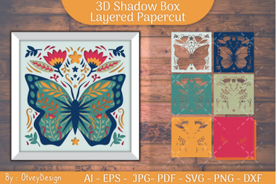 Butterfly Folk Art 3D Shadow Box - Folk Art Spring 3D SVG