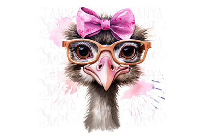 Funny Ostrich PNG with Pink Bow &amp; Glasses