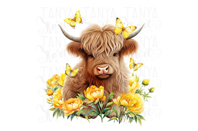 Little Cow With Peonies&2C; Highland Cow Printable Art Sublimation PNG