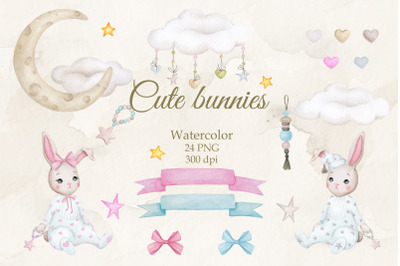 Cute baby bunnies. Boy and Girl. Watercolor PNG