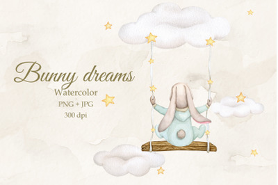 Baby bunny dreams. Watercolor PNG JPG