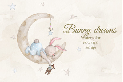 Baby bunny on the moon. Boy. Watercolor.