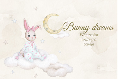 Baby bunny on a cloud. Girl. Watercolor.