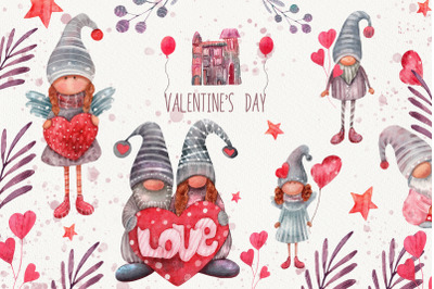 Watercolor Valentine Gnomes Clipart Set