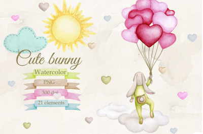 Cute baby bunny. Watercolor set PNG