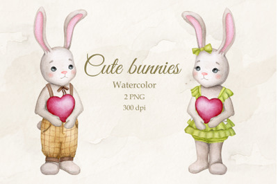 Cute bunnies with hearts. Boy and girl. Watercolor.