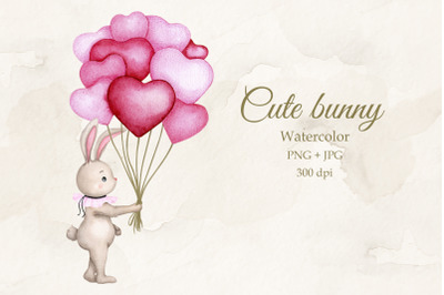Baby bunny with balloons. Watercolor.