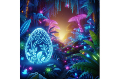 A neon-lit jungle with glowing flora and fauna Easter egg