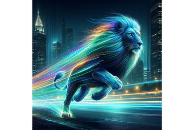 A neon-lit Running lion