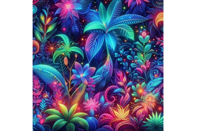 A neon-lit jungle with glowing flora and fauna beautiful pattern