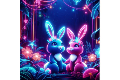 A neon-lit jungle with glowing flora and fauna couple bunny - Copy