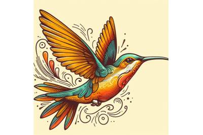 Doodle sketch of a colorful flying hummingbird