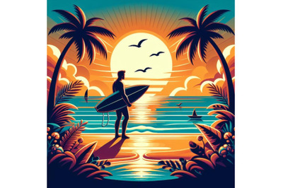 a surfer on the beach at sunset