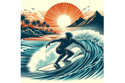 surfer on big wave with sunset