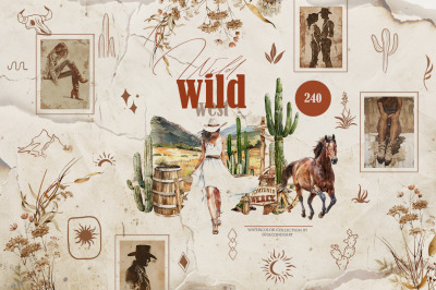 Retro wild west clipart Watercolor western