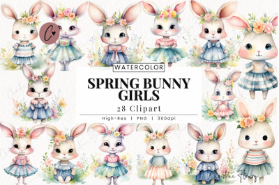 Watercolor Spring Bunny Girls Clipart