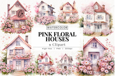 Pink Floral Houses Clipart, Spring PNG