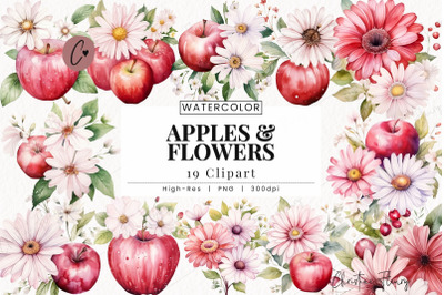 Watercolor Apples &amp; Flowers Clipart