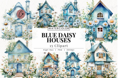 Blue Daisy Houses Clipart, Spring PNG