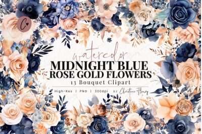 Midnight Blue &amp; Rose Gold Flower Clipart